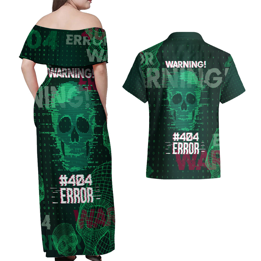 Technology Skull Couples Matching Off Shoulder Maxi Dress and Hawaiian Shirt Warning - Erro 404 - Wonder Print Shop