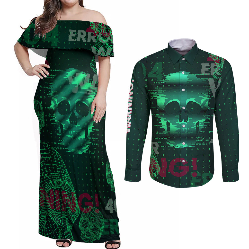 Technology Skull Couples Matching Off Shoulder Maxi Dress and Long Sleeve Button Shirts Warning - Erro 404 - Wonder Print Shop