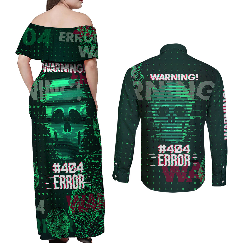 Technology Skull Couples Matching Off Shoulder Maxi Dress and Long Sleeve Button Shirts Warning - Erro 404 - Wonder Print Shop