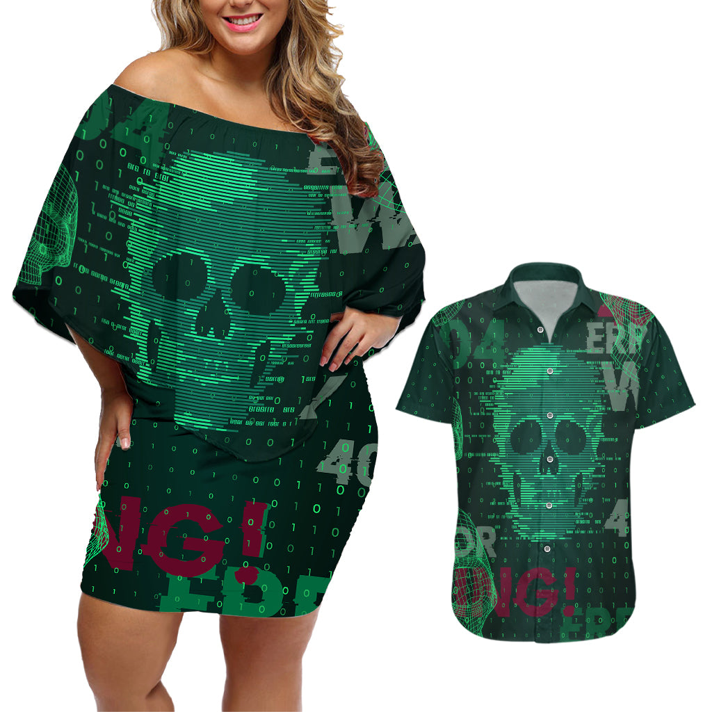 Technology Skull Couples Matching Off Shoulder Short Dress and Hawaiian Shirt Warning - Erro 404 - Wonder Print Shop