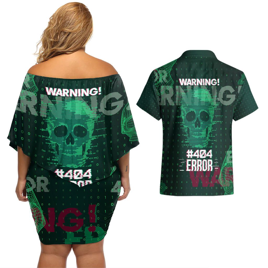 Technology Skull Couples Matching Off Shoulder Short Dress and Hawaiian Shirt Warning - Erro 404 - Wonder Print Shop