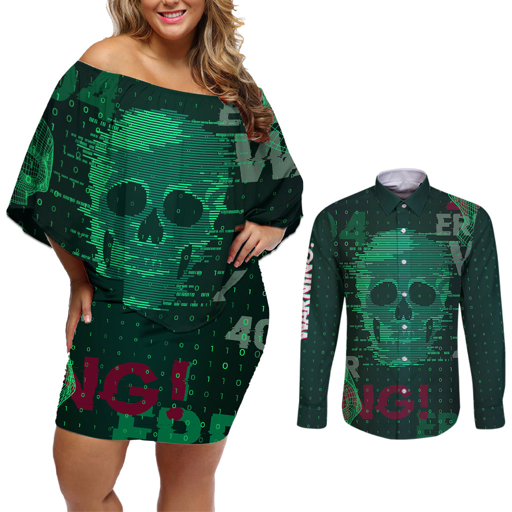 Technology Skull Couples Matching Off Shoulder Short Dress and Long Sleeve Button Shirts Warning - Erro 404 - Wonder Print Shop