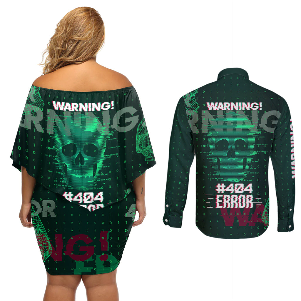 Technology Skull Couples Matching Off Shoulder Short Dress and Long Sleeve Button Shirts Warning - Erro 404 - Wonder Print Shop