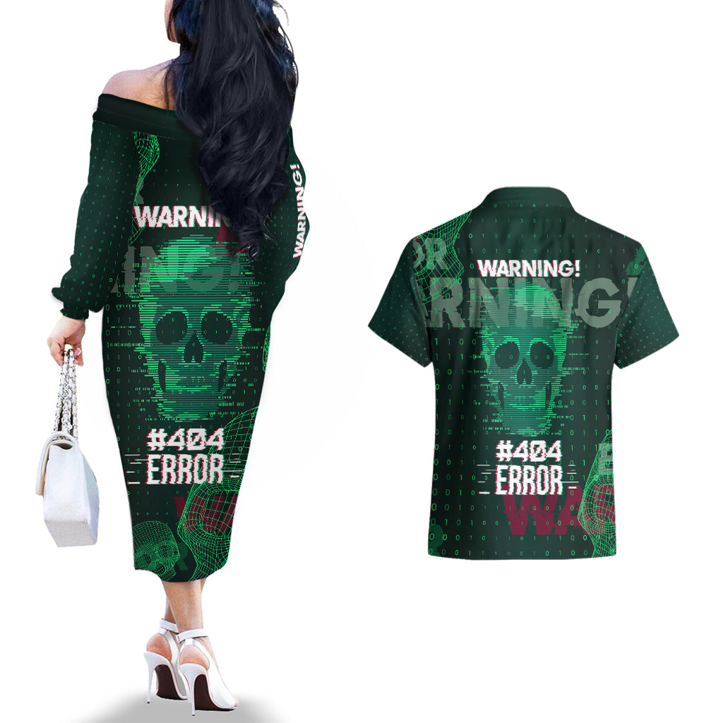 Technology Skull Couples Matching Off The Shoulder Long Sleeve Dress and Hawaiian Shirt Warning - Erro 404 - Wonder Print Shop