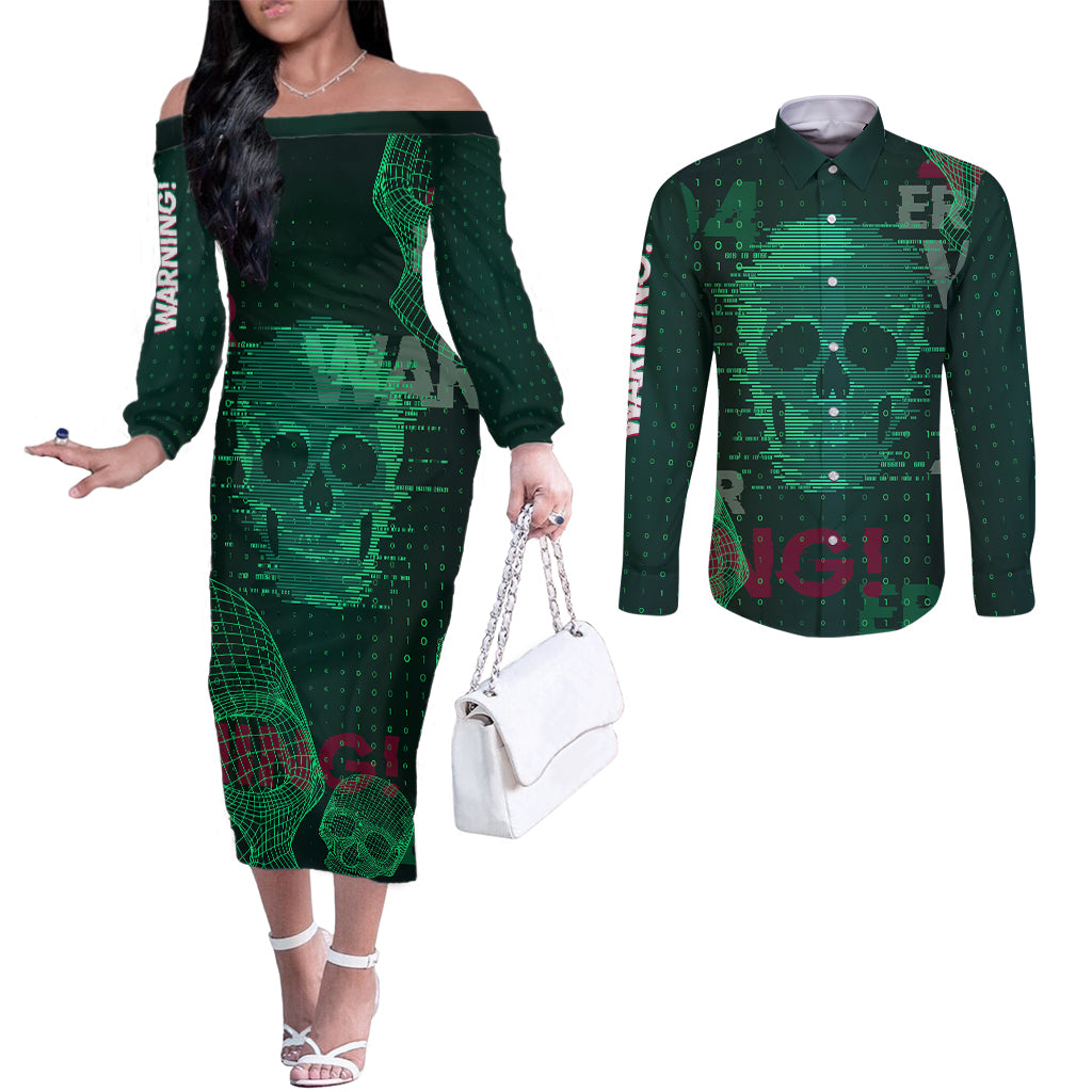 technology-skull-couples-matching-off-the-shoulder-long-sleeve-dress-and-long-sleeve-button-shirts-warning-erro-404