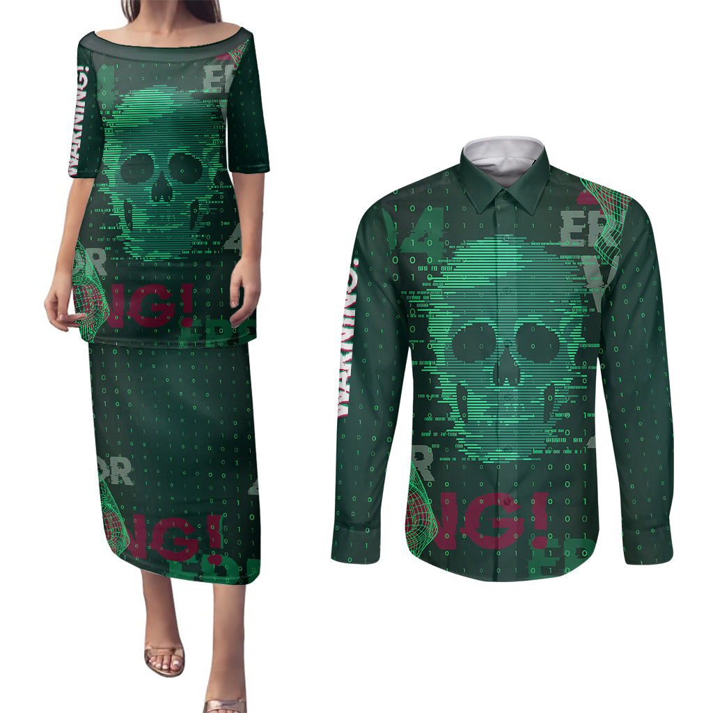 Technology Skull Couples Matching Puletasi Dress and Long Sleeve Button Shirts Warning - Erro 404 - Wonder Print Shop