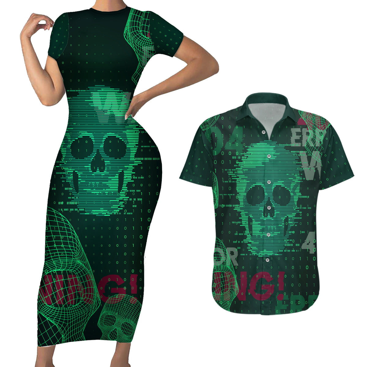 Technology Skull Couples Matching Short Sleeve Bodycon Dress and Hawaiian Shirt Warning - Erro 404 - Wonder Print Shop
