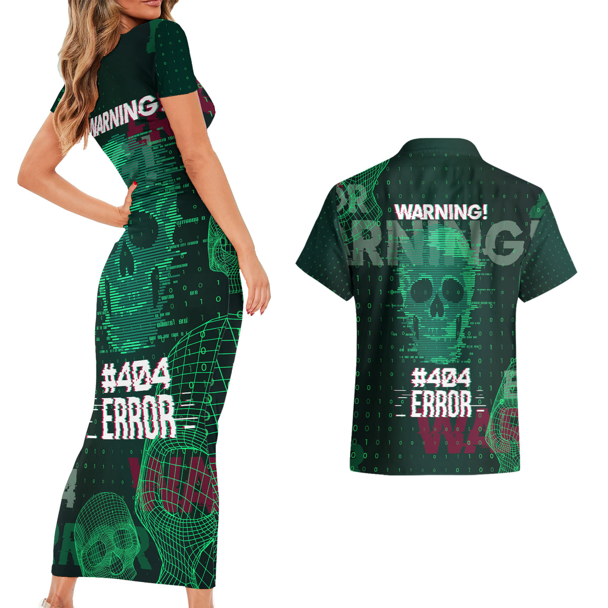 Technology Skull Couples Matching Short Sleeve Bodycon Dress and Hawaiian Shirt Warning - Erro 404 - Wonder Print Shop