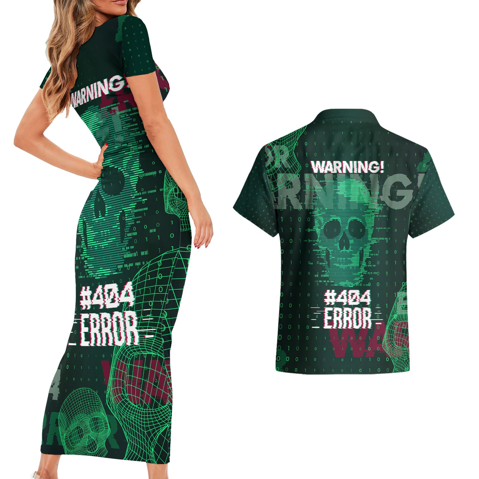 Technology Skull Couples Matching Short Sleeve Bodycon Dress and Hawaiian Shirt Warning - Erro 404 - Wonder Print Shop