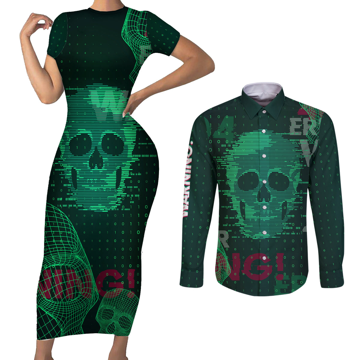 Technology Skull Couples Matching Short Sleeve Bodycon Dress and Long Sleeve Button Shirts Warning - Erro 404 - Wonder Print Shop