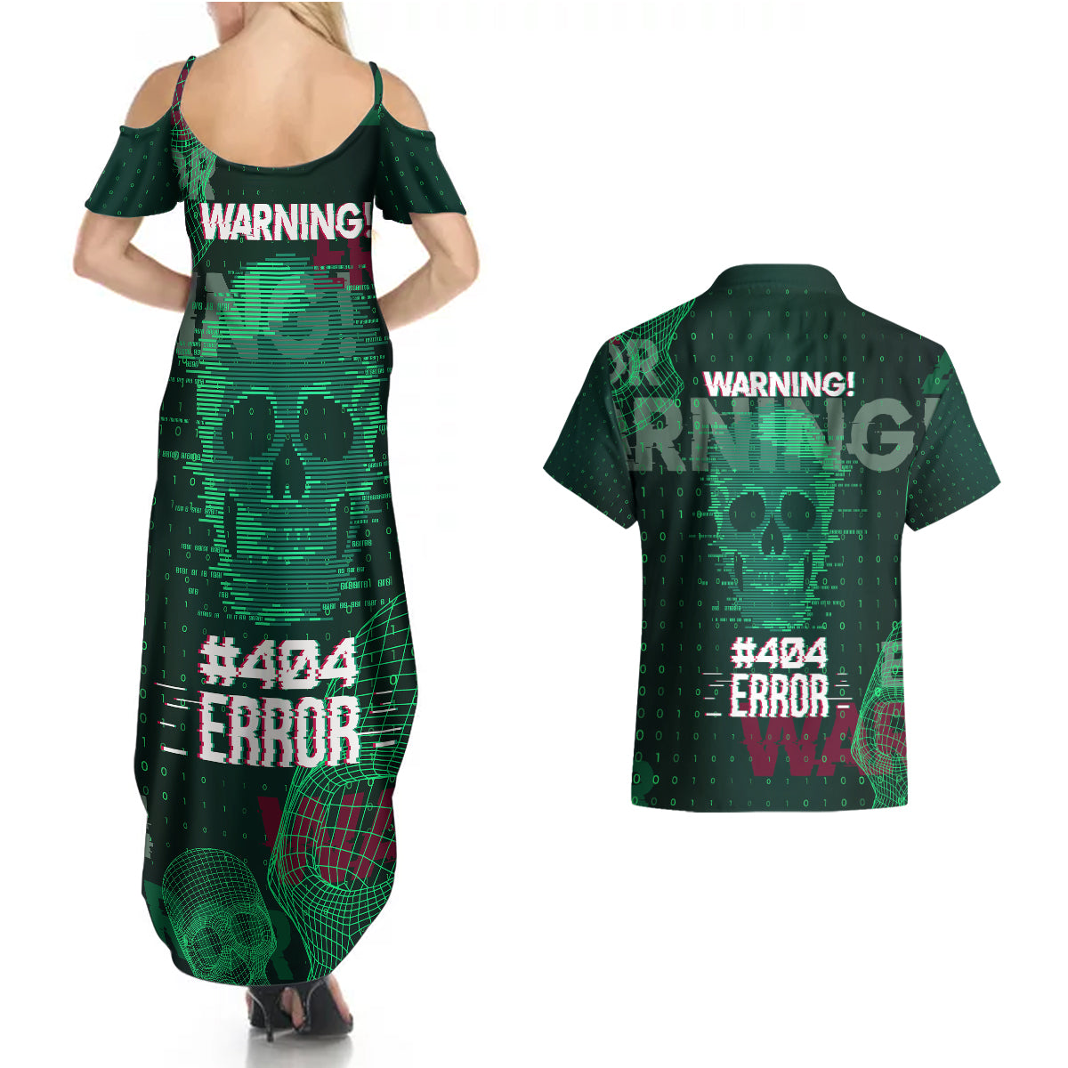 Technology Skull Couples Matching Summer Maxi Dress and Hawaiian Shirt Warning - Erro 404 - Wonder Print Shop