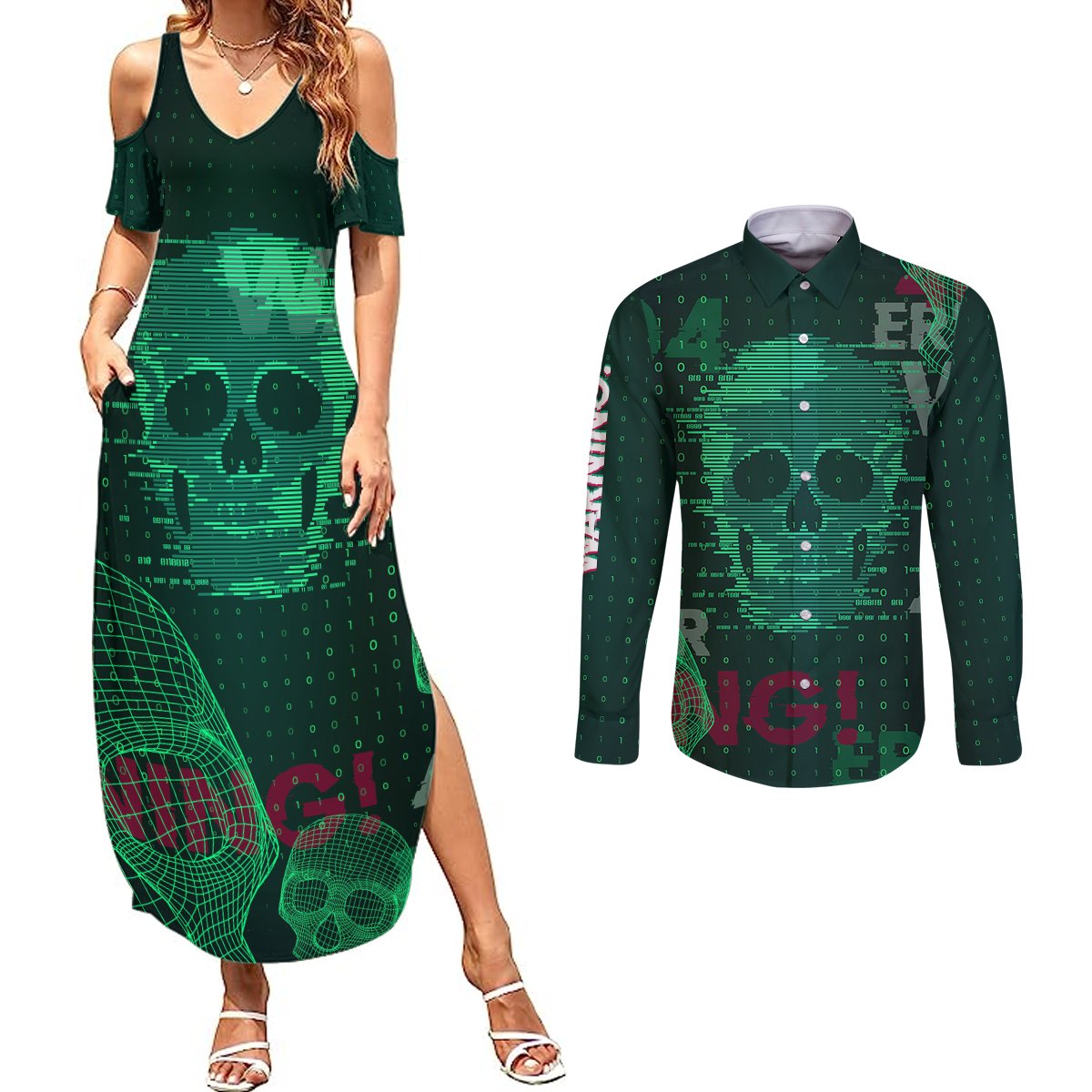 Technology Skull Couples Matching Summer Maxi Dress and Long Sleeve Button Shirts Warning - Erro 404 - Wonder Print Shop