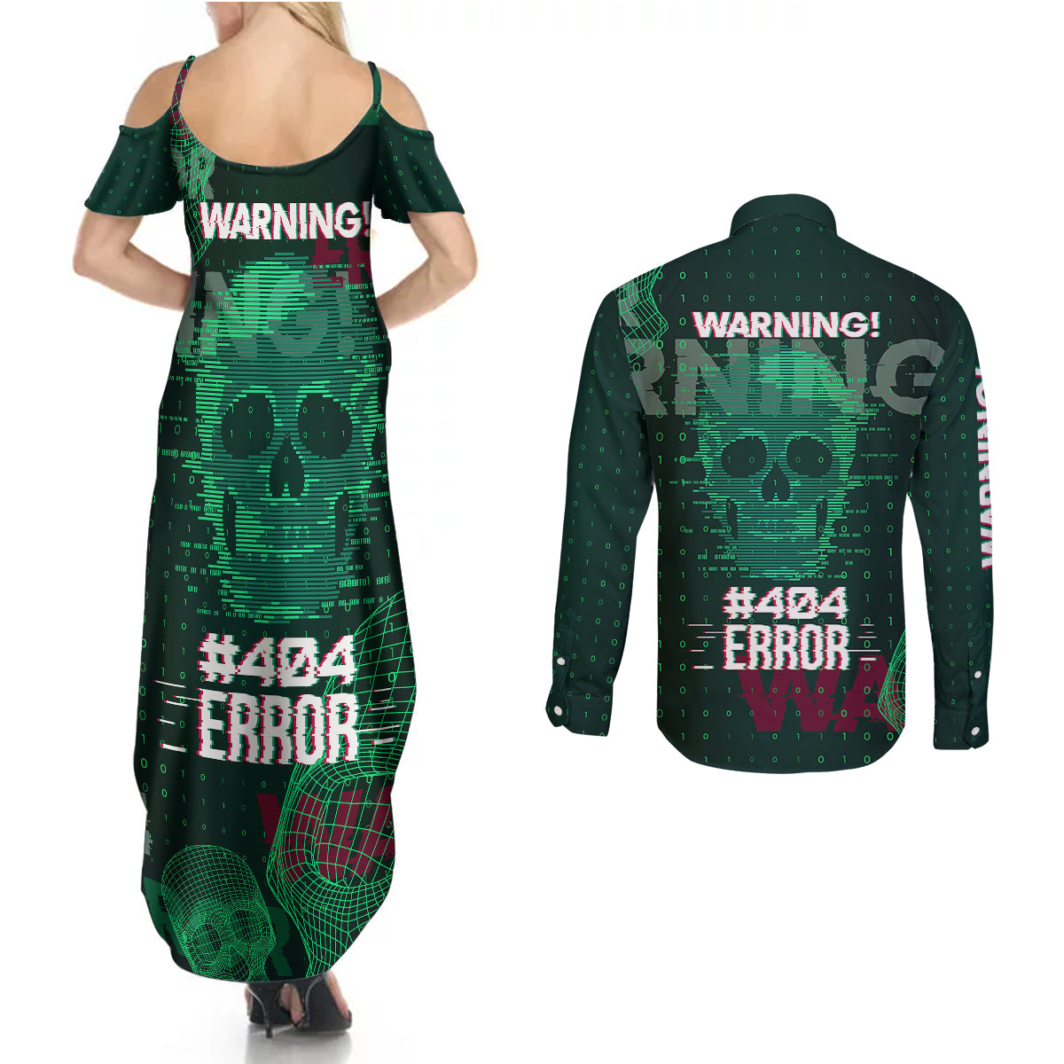 Technology Skull Couples Matching Summer Maxi Dress and Long Sleeve Button Shirts Warning - Erro 404 - Wonder Print Shop