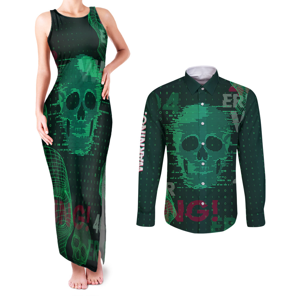 Technology Skull Couples Matching Tank Maxi Dress and Long Sleeve Button Shirts Warning - Erro 404 - Wonder Print Shop