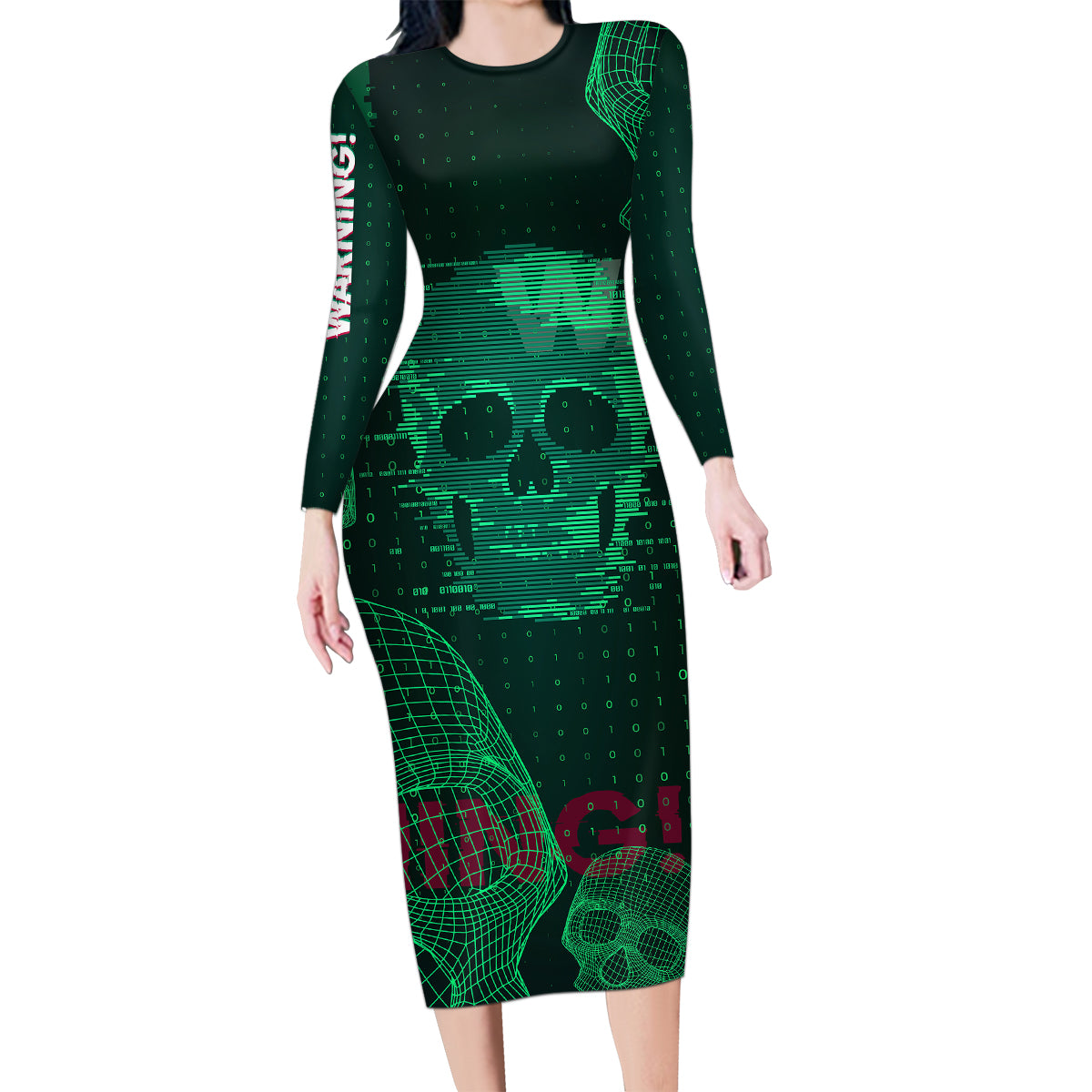 Technology Skull Family Matching Long Sleeve Bodycon Dress and Hawaiian Shirt Warning - Erro 404 - Wonder Print Shop