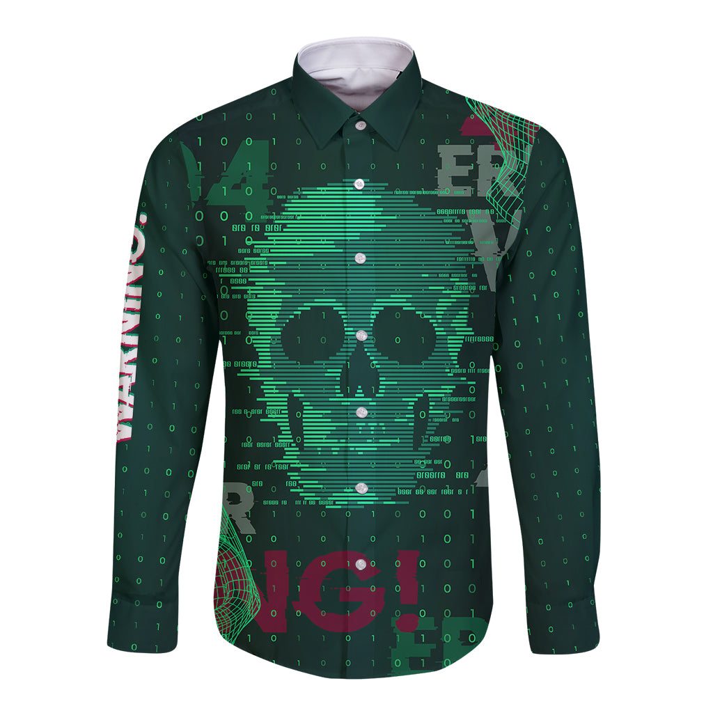 Technology Skull Long Sleeve Button Shirt Warning - Erro 404 - Wonder Print Shop