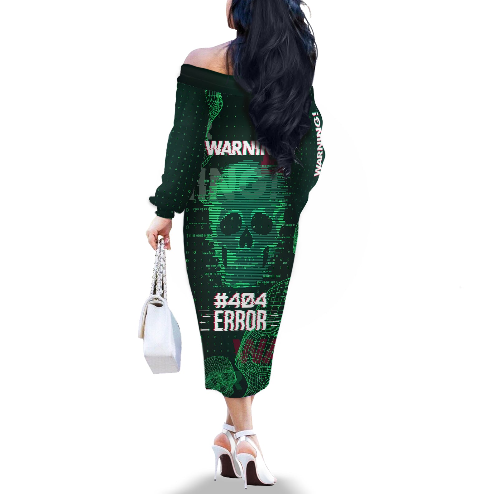 Technology Skull Off The Shoulder Long Sleeve Dress Warning - Erro 404 - Wonder Print Shop