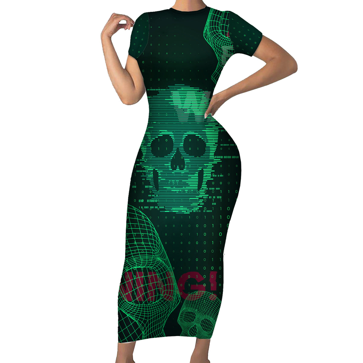 Technology Skull Short Sleeve Bodycon Dress Warning - Erro 404 - Wonder Print Shop
