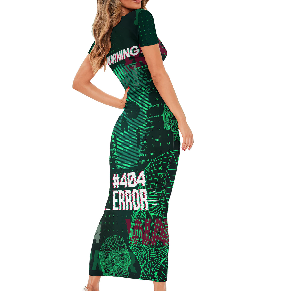 Technology Skull Short Sleeve Bodycon Dress Warning - Erro 404 - Wonder Print Shop