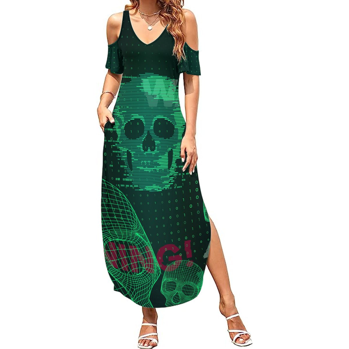 Technology Skull Summer Maxi Dress Warning - Erro 404 - Wonder Print Shop