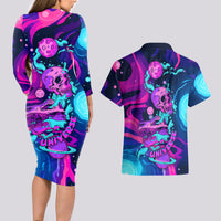 Space Skull Couples Matching Long Sleeve Bodycon Dress and Hawaiian Shirt Skeleton Color Neon Paint On Space - Wonder Print Shop