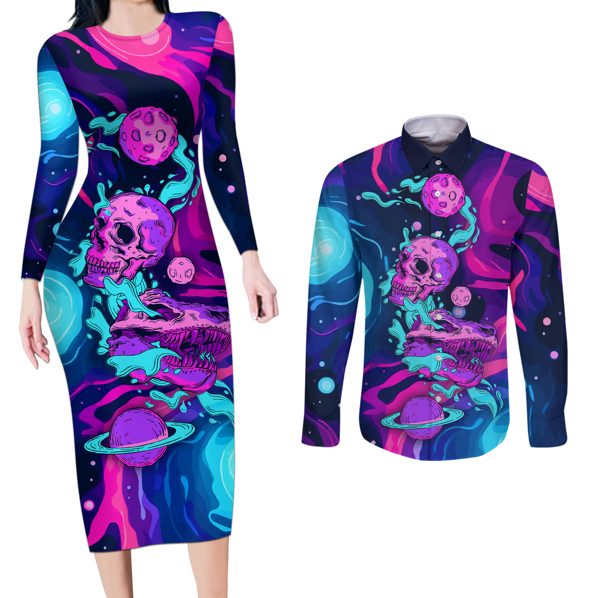 Space Skull Couples Matching Long Sleeve Bodycon Dress and Long Sleeve Button Shirts Skeleton Color Neon Paint On Space - Wonder Print Shop