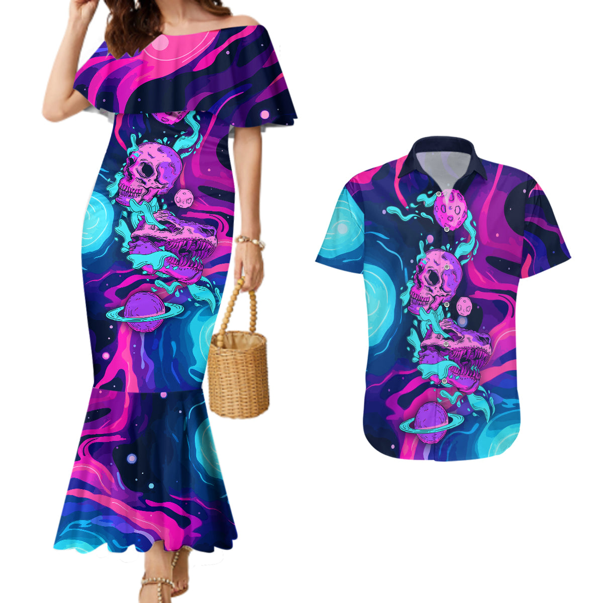 Space Skull Couples Matching Mermaid Dress and Hawaiian Shirt Skeleton Color Neon Paint On Space - Wonder Print Shop