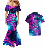 Space Skull Couples Matching Mermaid Dress and Hawaiian Shirt Skeleton Color Neon Paint On Space - Wonder Print Shop