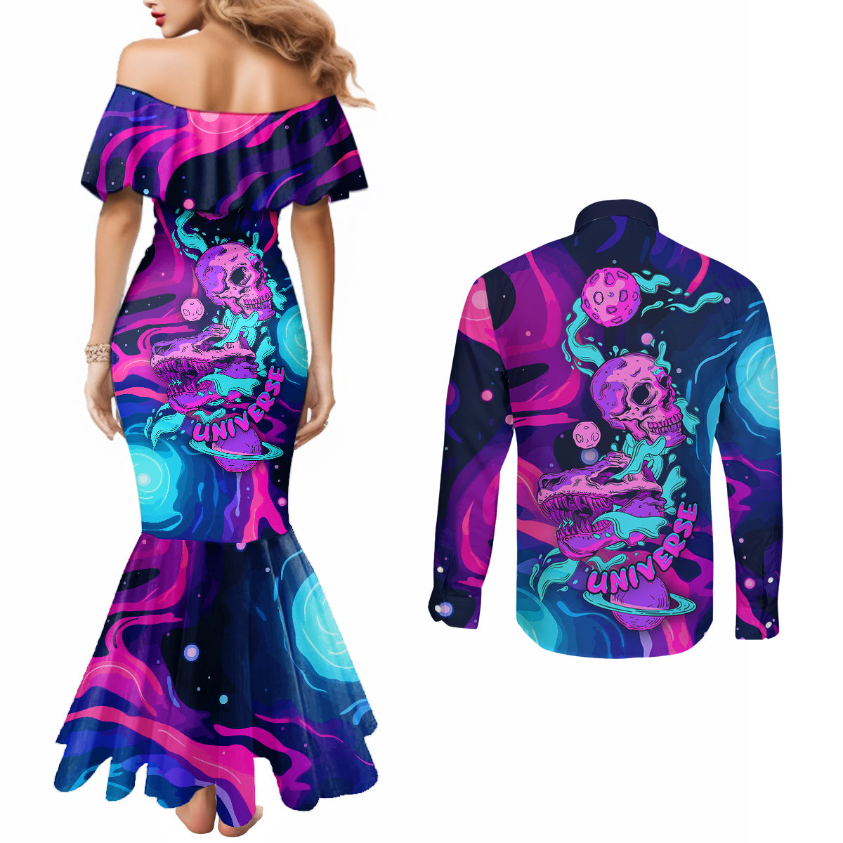 space-skull-couples-matching-mermaid-dress-and-long-sleeve-button-shirts-skeleton-color-neon-paint-on-space