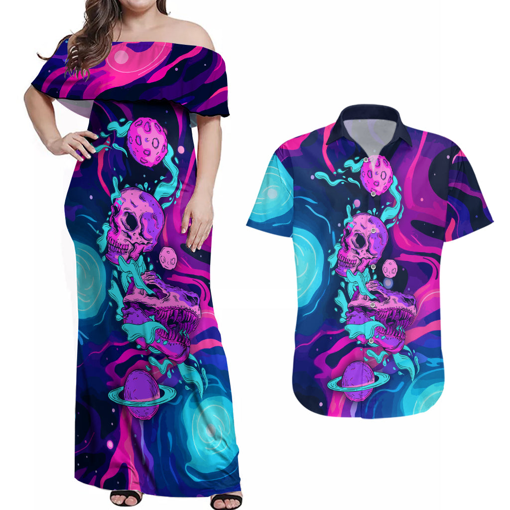 Space Skull Couples Matching Off Shoulder Maxi Dress and Hawaiian Shirt Skeleton Color Neon Paint On Space - Wonder Print Shop
