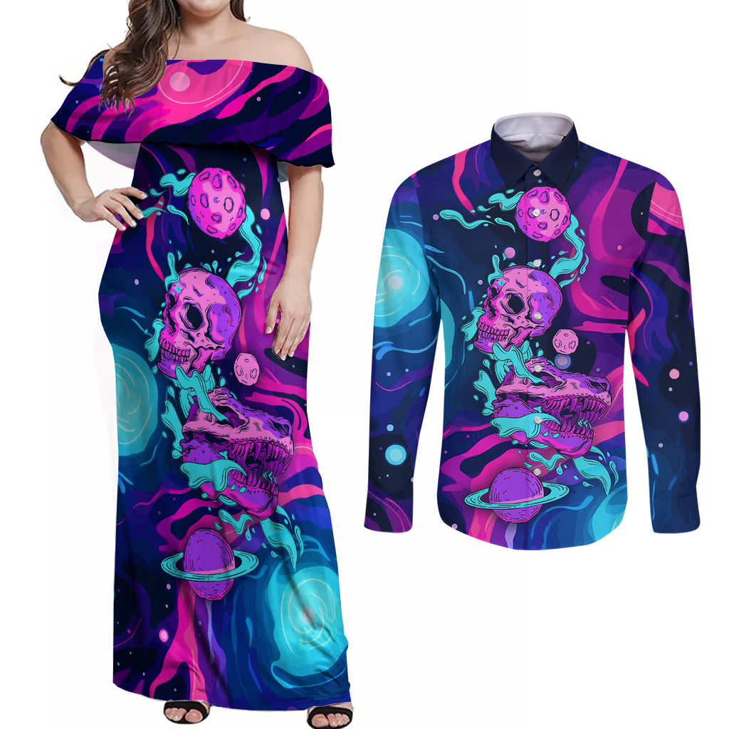 Space Skull Couples Matching Off Shoulder Maxi Dress and Long Sleeve Button Shirts Skeleton Color Neon Paint On Space - Wonder Print Shop