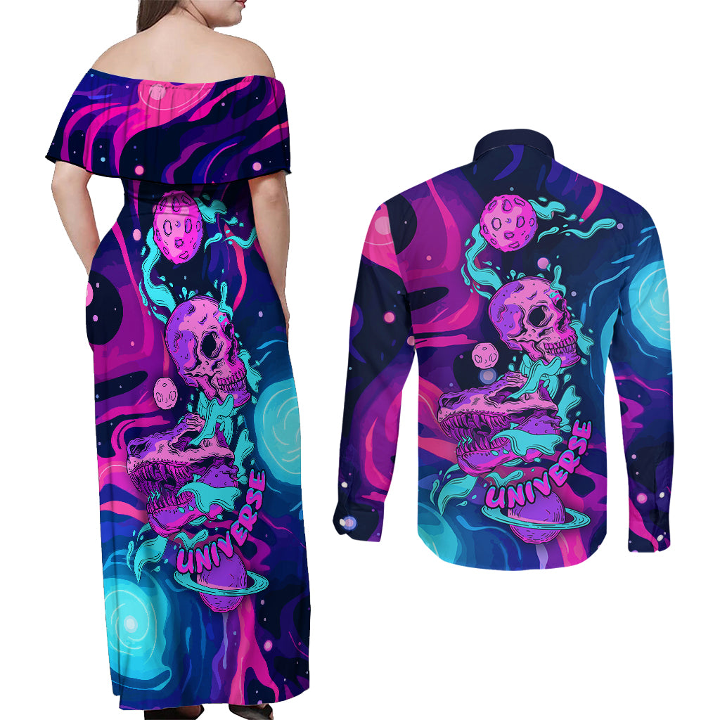 Space Skull Couples Matching Off Shoulder Maxi Dress and Long Sleeve Button Shirts Skeleton Color Neon Paint On Space - Wonder Print Shop