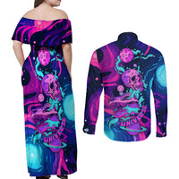 Space Skull Couples Matching Off Shoulder Maxi Dress and Long Sleeve Button Shirts Skeleton Color Neon Paint On Space - Wonder Print Shop