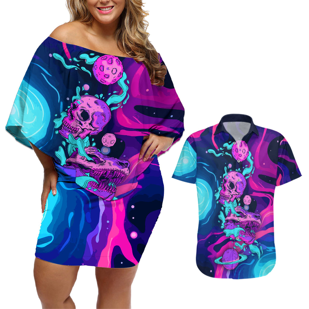 Space Skull Couples Matching Off Shoulder Short Dress and Hawaiian Shirt Skeleton Color Neon Paint On Space - Wonder Print Shop