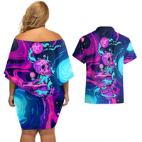 Space Skull Couples Matching Off Shoulder Short Dress and Hawaiian Shirt Skeleton Color Neon Paint On Space - Wonder Print Shop