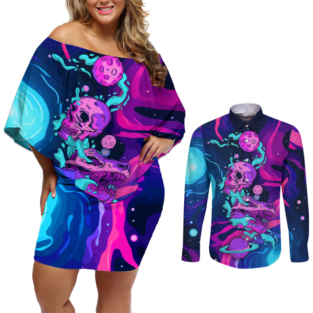 Space Skull Couples Matching Off Shoulder Short Dress and Long Sleeve Button Shirts Skeleton Color Neon Paint On Space - Wonder Print Shop