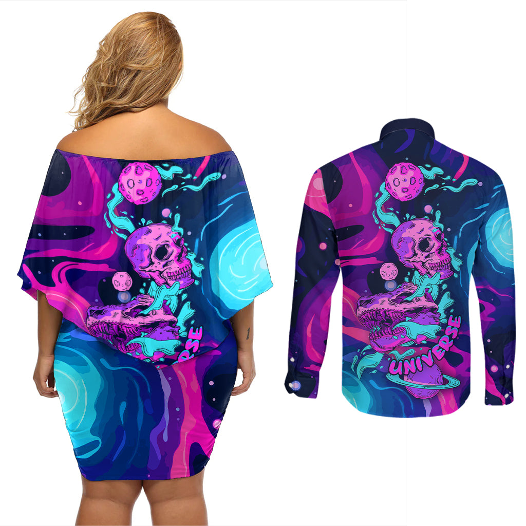 Space Skull Couples Matching Off Shoulder Short Dress and Long Sleeve Button Shirts Skeleton Color Neon Paint On Space - Wonder Print Shop