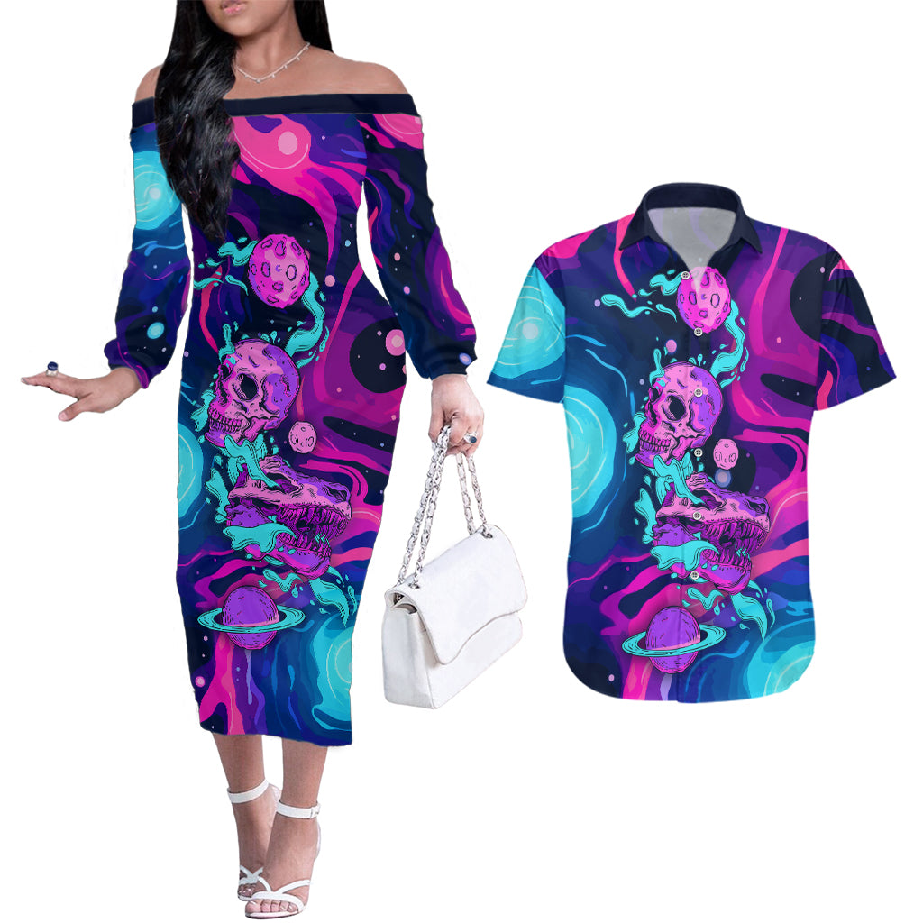 Space Skull Couples Matching Off The Shoulder Long Sleeve Dress and Hawaiian Shirt Skeleton Color Neon Paint On Space - Wonder Print Shop