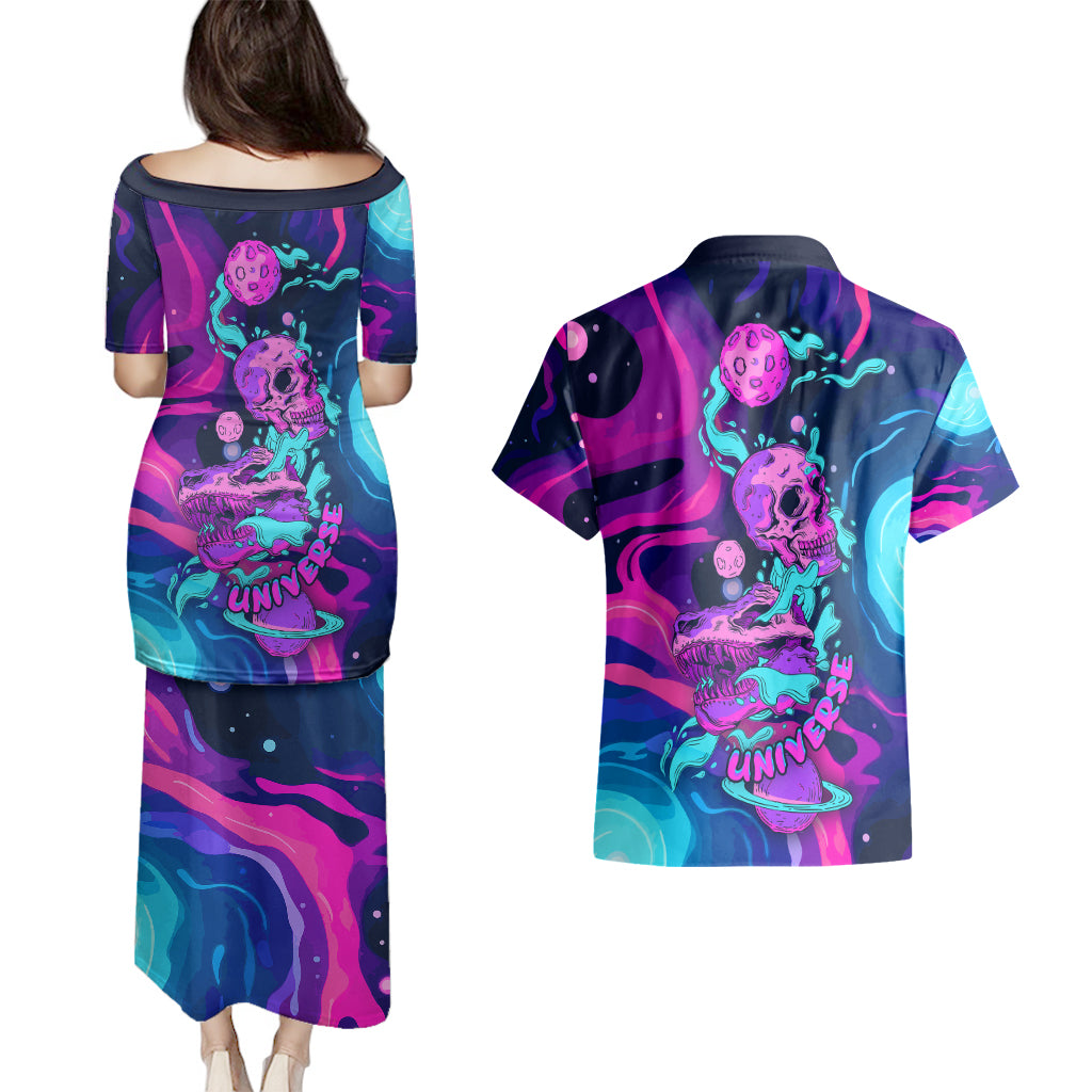 Space Skull Couples Matching Puletasi Dress and Hawaiian Shirt Skeleton Color Neon Paint On Space - Wonder Print Shop