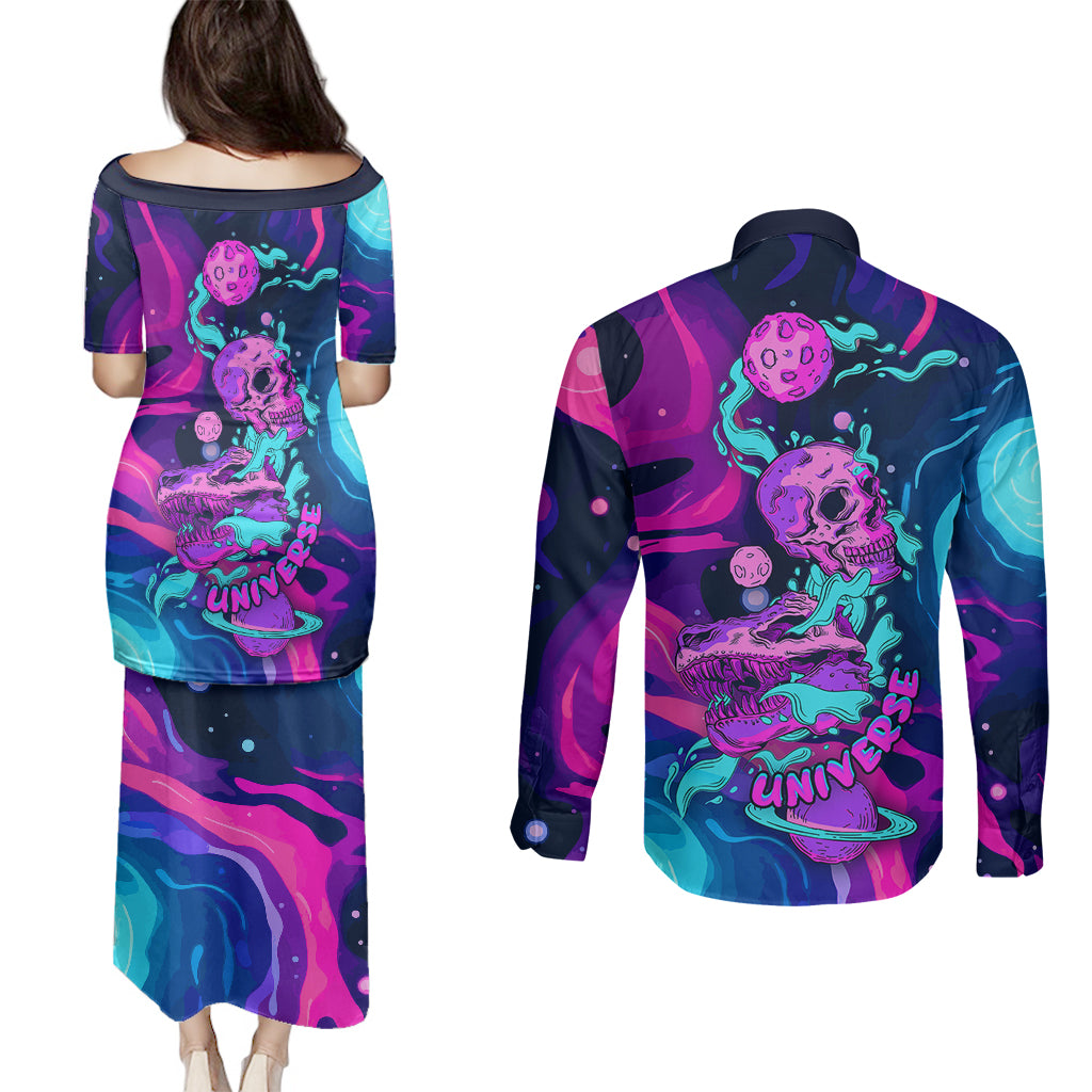 Space Skull Couples Matching Puletasi Dress and Long Sleeve Button Shirts Skeleton Color Neon Paint On Space - Wonder Print Shop