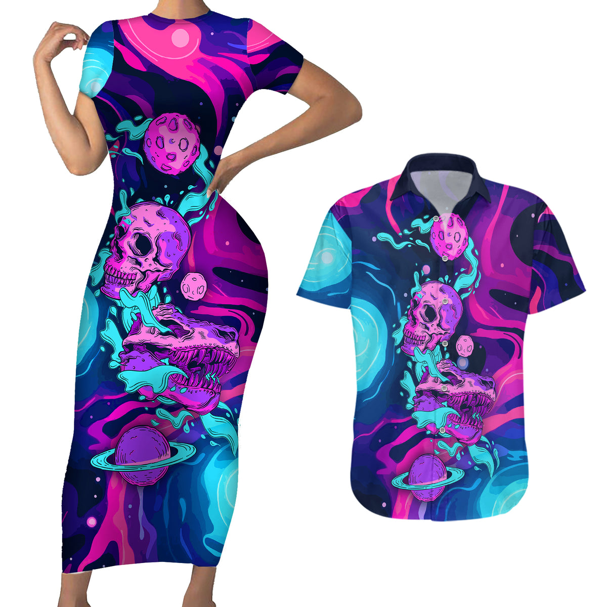 Space Skull Couples Matching Short Sleeve Bodycon Dress and Hawaiian Shirt Skeleton Color Neon Paint On Space - Wonder Print Shop