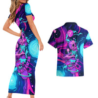 Space Skull Couples Matching Short Sleeve Bodycon Dress and Hawaiian Shirt Skeleton Color Neon Paint On Space - Wonder Print Shop