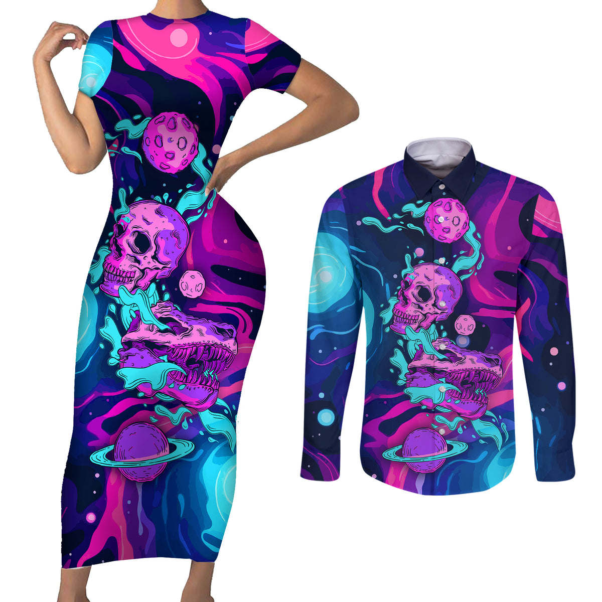 Space Skull Couples Matching Short Sleeve Bodycon Dress and Long Sleeve Button Shirts Skeleton Color Neon Paint On Space - Wonder Print Shop