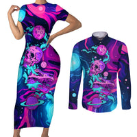 Space Skull Couples Matching Short Sleeve Bodycon Dress and Long Sleeve Button Shirts Skeleton Color Neon Paint On Space - Wonder Print Shop