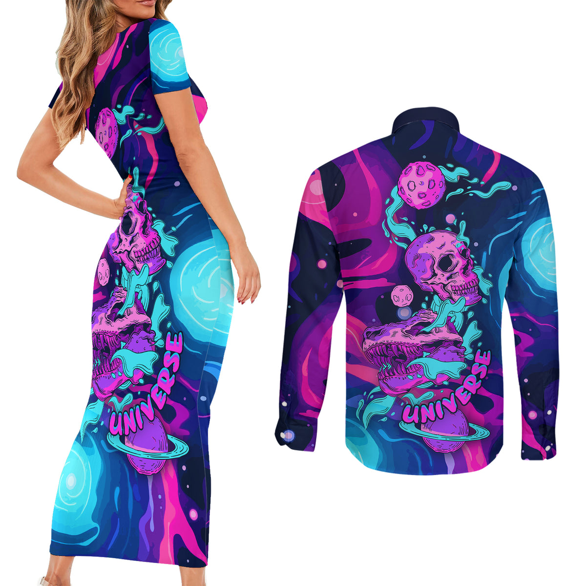 Space Skull Couples Matching Short Sleeve Bodycon Dress and Long Sleeve Button Shirts Skeleton Color Neon Paint On Space - Wonder Print Shop
