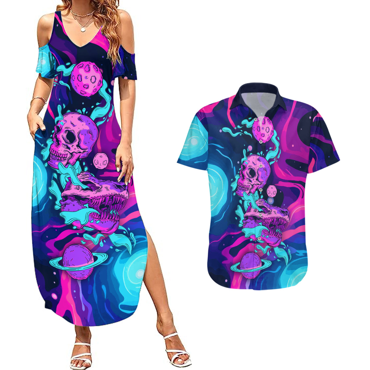 Space Skull Couples Matching Summer Maxi Dress and Hawaiian Shirt Skeleton Color Neon Paint On Space - Wonder Print Shop