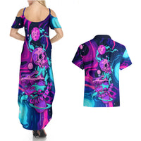 Space Skull Couples Matching Summer Maxi Dress and Hawaiian Shirt Skeleton Color Neon Paint On Space - Wonder Print Shop