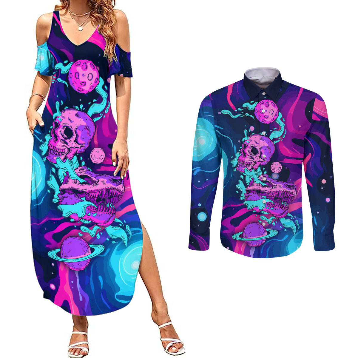 Space Skull Couples Matching Summer Maxi Dress and Long Sleeve Button Shirts Skeleton Color Neon Paint On Space - Wonder Print Shop