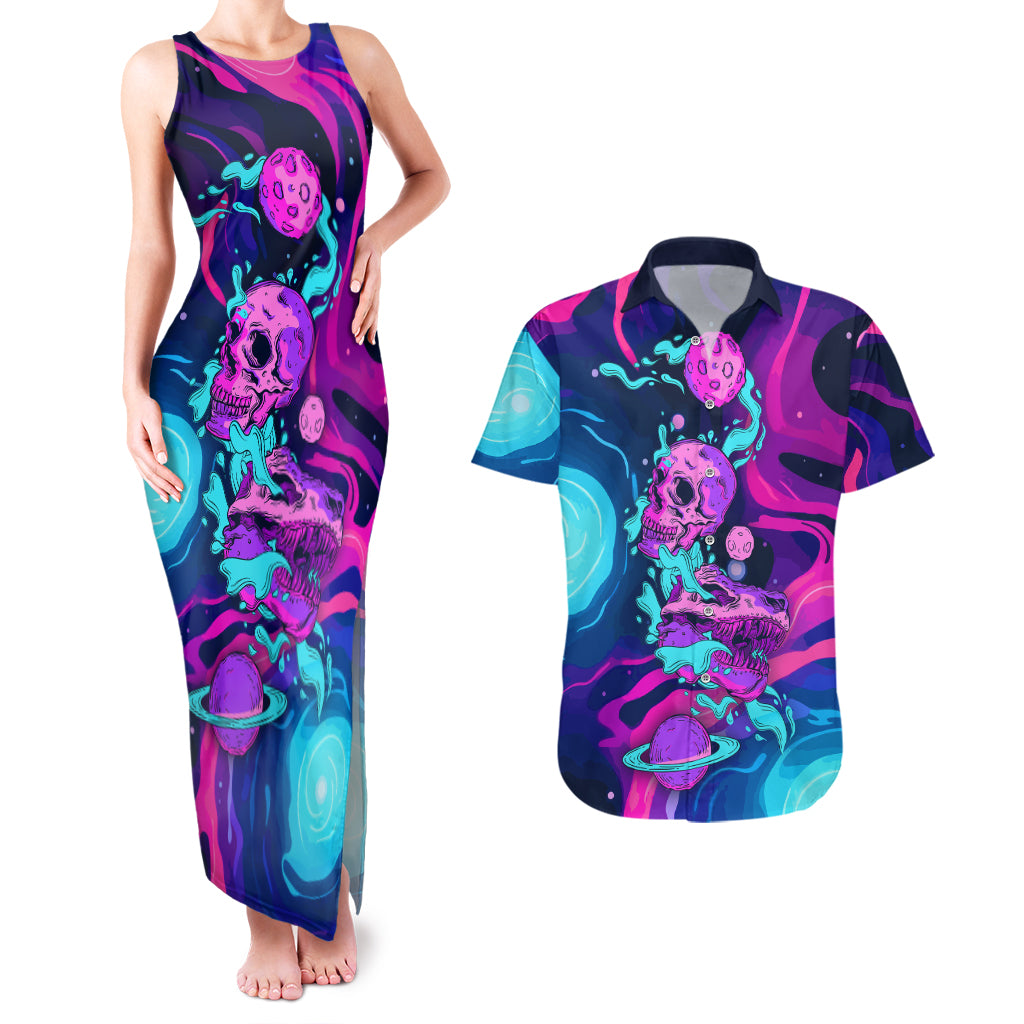 Space Skull Couples Matching Tank Maxi Dress and Hawaiian Shirt Skeleton Color Neon Paint On Space - Wonder Print Shop