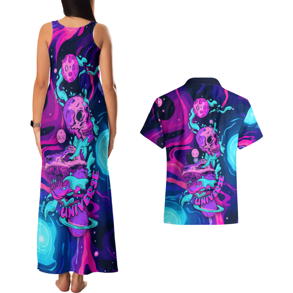 Space Skull Couples Matching Tank Maxi Dress and Hawaiian Shirt Skeleton Color Neon Paint On Space - Wonder Print Shop